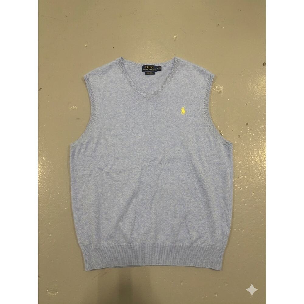 Polo Ralph Lauren Pima Cotton V-Neck Sweater Vest Men's L Light Blue Yellow Pony